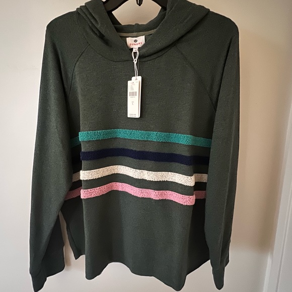 🛍️Sundry Galen Green Chenille Stripe Hoodie L $198 made in USA ANTHROPOLOGIE - Picture 5 of 6